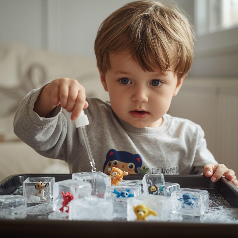 A young boy rescuing toys frozen in ice cubes with a pipette